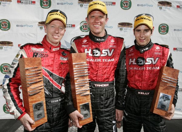 2005 Australian V8 Supercars
Symmons Plains Raceway, Australia. 11th - 13th November 2005
Race podium - Garth Tander (HSV Dealer Team Holden Commodore VZ) 1st position, Steven Richards (Team Perkins Racing Holden Commodore VY) 2nd position and Rick Kelly (HSV Dealer Team Holden Commodore VZ) 3rd position.
World Copyright: Mark Horsburgh / LAT Photographic
ref: 05AusV8SP46 2005 Australian V8 Supercars
Symmons Plains Raceway, Australia. 11th - 13th November 2005
Race podium - Garth Tander (HSV Dealer Team Holden Commodore VZ) 1st position, Steven Richards (Team Perkins Racing Holden Commodore VY) 2nd position and Rick Kelly (HSV Dealer Team Holden Commodore VZ) 3rd position.
World Copyright: Mark Horsburgh / LAT Photographic
ref: 05AusV8SP46
