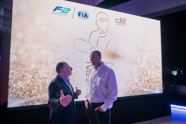 2017 Awards Evening.
Yas Marina Circuit, Abu Dhabi, United Arab Emirates.
Sunday 26 November 2017.
Jean Todt, President, FIA with Bruno Michel.
Photo: Zak Mauger/FIA Formula 2/GP3 Series.
ref: Digital Image _56I3573