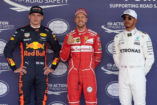 Autodromo Hermanos Rodriguez, Mexico City, Mexico.
Saturday 28 October 2017.
Top three qualifiers Sebastian Vettel, Ferrari, Max Verstappen, Red Bull, and Lewis Hamilton, Mercedes AMG.
World Copyright: Steve Etherington/LAT Images 
ref: Digital Image SNE13755
