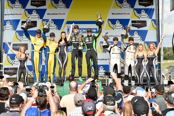 IMSA WeatherTech SportsCar Championship
Michelin GT Challenge at VIR
Virginia International Raceway, Alton, VA USA
Sunday 27 August 2017
16, Lamborghini, Lamborghini Huracan GT3, GTD, Corey Lewis, Geert Jeroen Mul, 96, BMW, BMW M6 GT3, Jesse Krohn, Jens Klingmann, 33, Mercedes, Mercedes AMG GT3, Ben Keating, Jeroen Bleekemolen celebrate in victory lane on podium
World Copyright: Scott R LePage
LAT Images IMSA WeatherTech SportsCar Championship
Michelin GT Challenge at VIR
Virginia International Raceway, Alton, VA USA
Sunday 27 August 2017
16, Lamborghini, Lamborghini Huracan GT3, GTD, Corey Lewis, Geert Jeroen Mul, 96, BMW, BMW M6 GT3, Jesse Krohn, Jens Klingmann, 33, Mercedes, Mercedes AMG GT3, Ben Keating, Jeroen Bleekemolen celebrate in victory lane on podium
World Copyright: Scott R LePage
LAT Images