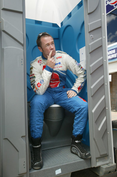 2003 Australian V8 Supercars
Bathurst 1000kms, Bathurst, Australia. 12th October 2003.
Holden V8 Supercar driver Greg Murphy looks back on last year when he got out of the car and went to the toilet during a 5min penelty in Bob Jane T-Marts 1000 . Murphy dominated the weekend breaking the lap record in qualifying and the Shootout, Kelly is the youngest driver to win at Bathurst, Australia.
World Copyright: Mark Horsburgh/ LAT Photographic