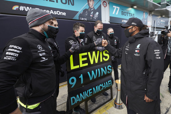 Lewis Hamilton, Mercedes-AMG Petronas F1, 1st position, celebrates with his team after securing his 91st F1 race win, equalling the record of Michael Schumacher Lewis Hamilton, Mercedes-AMG Petronas F1, 1st position, celebrates with his team after securing his 91st F1 race win, equalling the record of Michael Schumacher