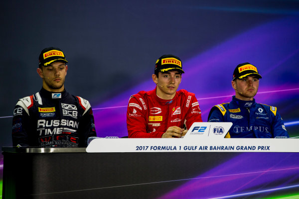 2017 FIA Formula 2 Round 1.
Bahrain International Circuit, Sakhir, Bahrain.
Sunday 16 April 2017.
Luca Ghiotto (ITA, RUSSIAN TIME), Charles Leclerc (MCO, PREMA Racing), Oliver Rowland (GBR, DAMS)
Photo: Zak Mauger/FIA Formula 2.
ref: Digital Image _X0W5165 2017 FIA Formula 2 Round 1.
Bahrain International Circuit, Sakhir, Bahrain.
Sunday 16 April 2017.
Luca Ghiotto (ITA, RUSSIAN TIME), Charles Leclerc (MCO, PREMA Racing), Oliver Rowland (GBR, DAMS)
Photo: Zak Mauger/FIA Formula 2.
ref: Digital Image _X0W5165