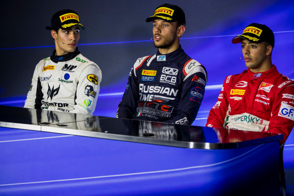 2017 FIA Formula 2 Round 9.
Autodromo Nazionale di Monza, Monza, Italy.
Sunday 3 September 2017.
Sergio Sette Camara (BRA, MP Motorsport), Luca Ghiotto (ITA, RUSSIAN TIME), Antonio Fuoco (ITA, PREMA Racing). 
Photo: Zak Mauger/FIA Formula 2.
ref: Digital Image _56I9278