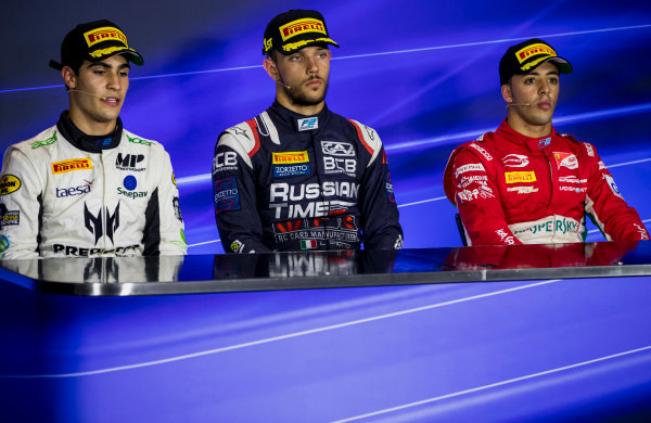 2017 FIA Formula 2 Round 9.
Autodromo Nazionale di Monza, Monza, Italy.
Sunday 3 September 2017.
Sergio Sette Camara (BRA, MP Motorsport), Luca Ghiotto (ITA, RUSSIAN TIME), Antonio Fuoco (ITA, PREMA Racing). 
Photo: Zak Mauger/FIA Formula 2.
ref: Digital Image _56I9271