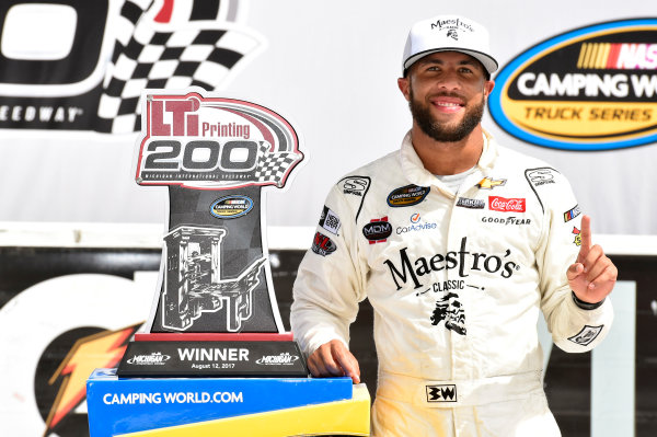 NASCAR Camping World Truck Series
LTI Printing 200
Michigan International Speedway, Brooklyn, MI USA
Saturday 12 August 2017
Darrell Wallace Jr, Maestro's Classic Chevrolet Silverado celebrates in Victory Lane
World Copyright: Nigel Kinrade
LAT Images NASCAR Camping World Truck Series
LTI Printing 200
Michigan International Speedway, Brooklyn, MI USA
Saturday 12 August 2017
Darrell Wallace Jr, Maestro's Classic Chevrolet Silverado celebrates in Victory Lane
World Copyright: Nigel Kinrade
LAT Images