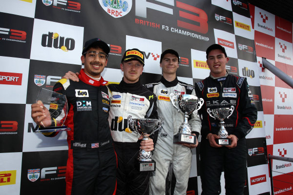 2016 BRDC British Formula 3 Championship,
Brands Hatch, Kent. 16th - 17th April 2016.
Race 3 Podium (l-r) Quinlan Lall (USA) Chris Dittmann Racing BRDC F3, Ricky Collard (GBR) Carlin BRDC F3, Colton Herta (USA) Carlin BRDC F3, Thomas Randle (AUS) Douglas Motorsport BRDC F3.
World Copyright: Ebrey / LAT Photographic. 2016 BRDC British Formula 3 Championship,
Brands Hatch, Kent. 16th - 17th April 2016.
Race 3 Podium (l-r) Quinlan Lall (USA) Chris Dittmann Racing BRDC F3, Ricky Collard (GBR) Carlin BRDC F3, Colton Herta (USA) Carlin BRDC F3, Thomas Randle (AUS) Douglas Motorsport BRDC F3.
World Copyright: Ebrey / LAT Photographic.