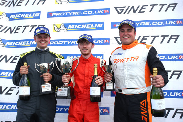 2017 Ginetta GT5 Challenge and GRDC+,
Silverstone, 11th-12th June 2017,
Race Podium (l-r) Ryan Hadfield R & J Motorsport Ginetta G40, Shane Stoney Stoney Motorsport Ginetta G40, Simon Traves Xentek Motorsport Ginetta G40.
World copyright. JEP/LAT Images 2017 Ginetta GT5 Challenge and GRDC+,
Silverstone, 11th-12th June 2017,
Race Podium (l-r) Ryan Hadfield R & J Motorsport Ginetta G40, Shane Stoney Stoney Motorsport Ginetta G40, Simon Traves Xentek Motorsport Ginetta G40.
World copyright. JEP/LAT Images