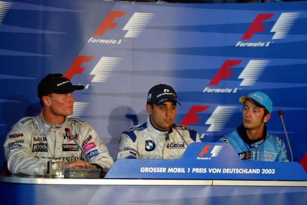 The post race press conference (L to R): David Coulthard (GBR) McLaren, second; Juan Pablo Montoya (COL) Williams, winner; Jarno Trulli (ITA) Renault (Who missed the TV conference) third.
Formula One World Championship, Rd12, German Grand Prix, Race Day, Hockenheim, Germany, 3 August 2003.
DIGITAL IMAGE The post race press conference (L to R): David Coulthard (GBR) McLaren, second; Juan Pablo Montoya (COL) Williams, winner; Jarno Trulli (ITA) Renault (Who missed the TV conference) third.
Formula One World Championship, Rd12, German Grand Prix, Race Day, Hockenheim, Germany, 3 August 2003.
DIGITAL IMAGE