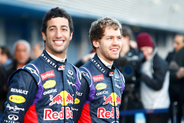 2014 F1 Pre Season Test 1 - Preview
Circuito de Jerez, Jerez, Spain.
Tuesday 28 January 2014.
Sebastian Vettel, Red Bull Racing. and Daniel Ricciardo, Red Bull Racing at the launch of the Red Bull RB10.
World Copyright: Alastair Staley/LAT Photographic.
ref: Digital Image _A8C7680