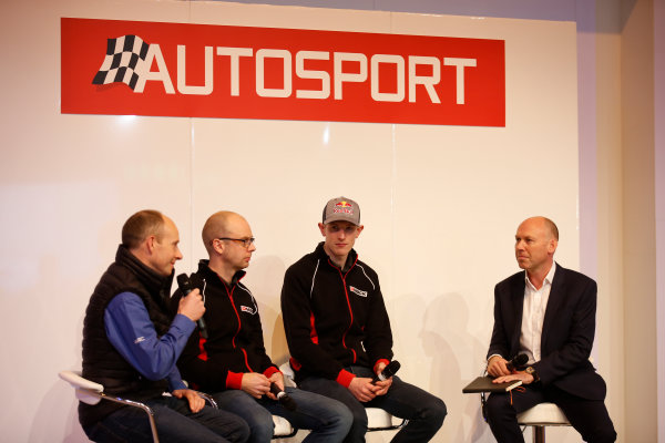 Autosport International Exhibition.
National Exhibition Centre, Birmingham, UK.
Thursday 12 January 2017.
Elfyn Evans, co-driver Dan Barrett and the BRC's Ben Taylor with Toby Moody on the Autosport Stage.
World Copyright: Sam Bloxham/LAT Photographic.
Ref: _SLA2693