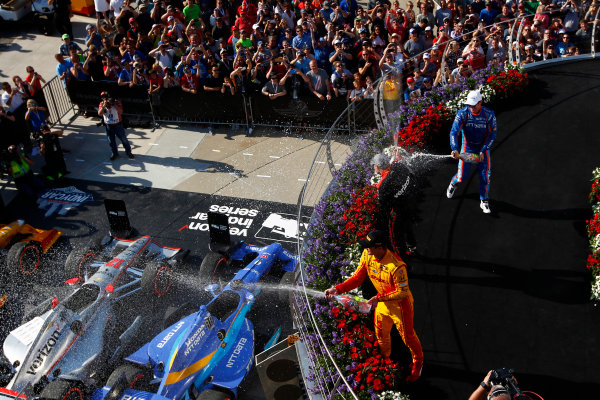 Verizon IndyCar Series
IndyCar Grand Prix
Indianapolis Motor Speedway, Indianapolis, IN USA
Saturday 13 May 2017
Will Power, Team Penske Chevrolet, Scott Dixon, Chip Ganassi Racing Teams Honda, Ryan Hunter-Reay, Andretti Autosport Honda celebrate with champagne on the podium
World Copyright: Phillip Abbott
LAT Images
ref: Digital Image abbott_indyGP_0517_6058