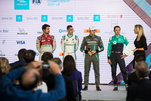 2017/2018 FIA Formula E Championship.
Street Demonstration - Rome, Italy.
Nelson Piquet Jr. (BRA), Panasonic Jaguar Racing in the press conference with Lucas Di Grassi (BRA), Audi Sport ABT Schaeffler, Sebastien Buemi (SUI), Renault e.Dams and Luca Filippi (ITA), NIO Formula E Team.
Thursday 19 October 2017.
Photo: Andrew Ferraro/LAT/Formula E
ref: Digital Image _FER4340