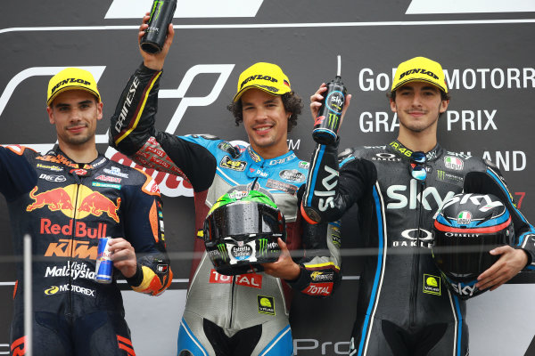 2017 Moto2 Championship - Round 9
Sachsenring, Germany
Sunday 2 July 2017
Podium: race winner Franco Morbidelli, Marc VDS, second place Miguel Oliveira, Red Bull KTM Ajo, third place Francesco Bagnaia, Sky Racing Team VR46
World Copyright: David Goldman/LAT Images
ref: Digital Image 34031 2017 Moto2 Championship - Round 9
Sachsenring, Germany
Sunday 2 July 2017
Podium: race winner Franco Morbidelli, Marc VDS, second place Miguel Oliveira, Red Bull KTM Ajo, third place Francesco Bagnaia, Sky Racing Team VR46
World Copyright: David Goldman/LAT Images
ref: Digital Image 34031