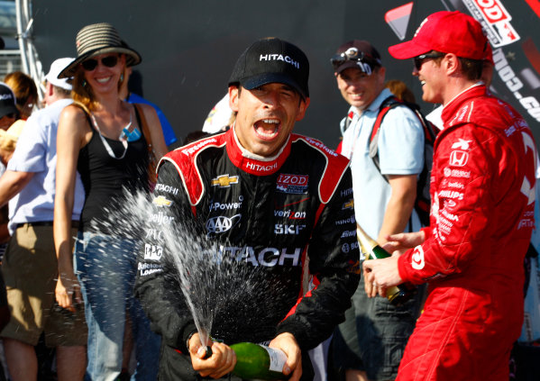 14 July, 2013,  Toronto, Ontario, CAN
Helio Castroneves sprays champagne on the photographers; naughty boy!.©2013, Phillip Abbott
LAT Photo USA