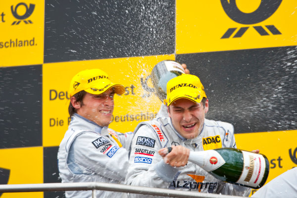 Dijon - Prenois, France. Sunday 11th October. 
Gary Paffett (Salzgitter AMG Mercedes C-Klasse) celebrates his victory on the podium with team mate Bruno Spengler (Mercedes-Benz Bank AMG C-Klasse). 
World Copyright: Alastair Staley/LAT Photographic.
Ref: _O9T0730
jpg