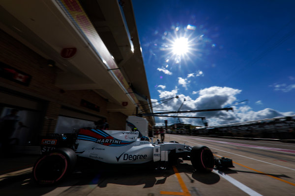 Circuit of the Americas, Austin, Texas, United States of America.
Saturday 21 October 2017.
Lance Stroll, Williams FW40 Mercedes, leaves the garage.
World Copyright: Glenn Dunbar/LAT Images 
ref: Digital Image _31I3367