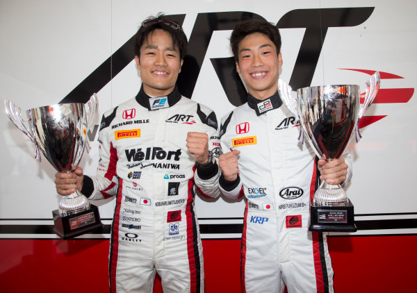 2017 FIA Formula 2 Round 2.
Circuit de Catalunya, Barcelona, Spain.
Sunday 14 May 2017.
ART Grand Prix race winners, F2 Race two winner Nobuharu Matsushita (JPN, ART Grand Prix) and GP3 Race one winner Nirei Fukuzumi (JPN, ART Grand Prix) 
Photo: Jed Leicester/FIA Formula 2.
ref: Digital Image JL1_0427