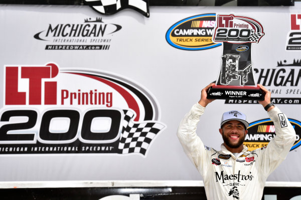 NASCAR Camping World Truck Series
LTI Printing 200
Michigan International Speedway, Brooklyn, MI USA
Saturday 12 August 2017
Darrell Wallace Jr, Maestro's Classic Chevrolet Silverado celebrates in Victory Lane
World Copyright: Nigel Kinrade
LAT Images NASCAR Camping World Truck Series
LTI Printing 200
Michigan International Speedway, Brooklyn, MI USA
Saturday 12 August 2017
Darrell Wallace Jr, Maestro's Classic Chevrolet Silverado celebrates in Victory Lane
World Copyright: Nigel Kinrade
LAT Images