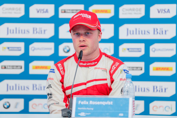 2016/2017 FIA Formula E Championship.
Round 7 - Berlin ePrix, Tempelhof Airport, Berlin, Germany.
Saturday 10 June 2017.
Felix Rosenqvist (SWE), Mahindra Racing, Spark-Mahindra, Mahindra M3ELECTRO, in the press conference.
Photo: Zak Mauger/LAT/Formula E
ref: Digital Image _56I4353