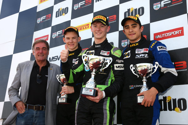 2016 BRDC F3 Championship,
Donington Park, Leicestershire. 10th - 11th September 2016.
Race 2 Podium (l-r) Dick Bennetts (NZL), Thomas Maxwell (AUS) Sean Walkinshaw Racing BRDC F3, Toby Sowery (GBR) Lanan Racing BRDC F3, Eugene Denyssen (RSA) Sean Walkinshaw Racing BRDC F3.
World Copyright: Ebrey / LAT Photographic.