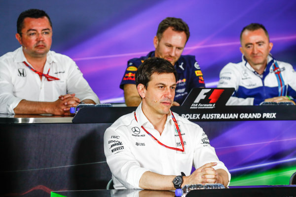 Albert Park, Melbourne, Australia.
Friday 24 March 2017.
Eric Boullier, Racing Director, McLaren, Christian Horner, Team Principal, Red Bull Racing, Toto Wolff, Executive Director (Business), Mercedes AMG, and Paddy Lowe, Williams Martini Racing Formula 1, in the Team Principals Press Conference.
World Copyright: Sam Bloxham/LAT Images
ref: Digital Image _J6I1836