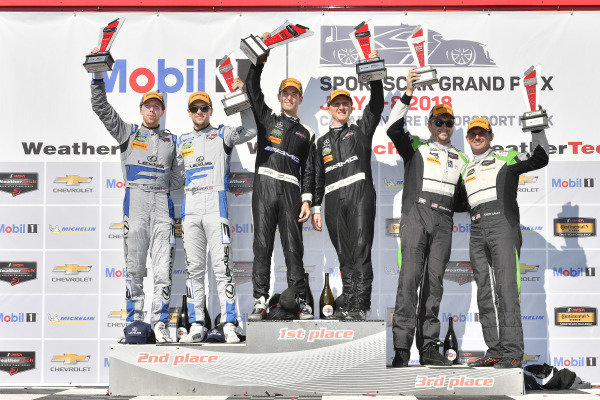#33 Riley Motorsports Mercedes AMG GT3, GTD: Jeroen Bleekemolen, Ben Keating celebrates the win in Victory Lane on the podium with #14 3GT Racing Lexus RCF GT3, GTD: Dominik Baumann, Kyle Marcelli, #44 Magnus Racing Audi R8 LMS GT3, GTD: John Potter, Andy Lally #33 Riley Motorsports Mercedes AMG GT3, GTD: Jeroen Bleekemolen, Ben Keating celebrates the win in Victory Lane on the podium with #14 3GT Racing Lexus RCF GT3, GTD: Dominik Baumann, Kyle Marcelli, #44 Magnus Racing Audi R8 LMS GT3, GTD: John Potter, Andy Lally