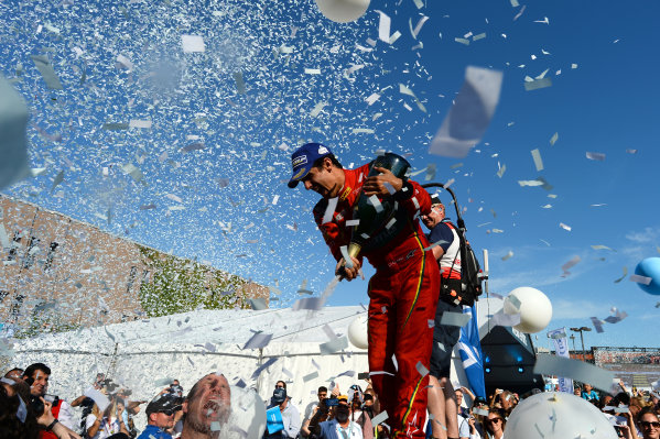 2016/2017 FIA Formula E Championship.
Round 12 - Montreal ePrix, Canada
Sunday 30 July 2017.
Lucas Di Grassi (BRA), ABT Schaeffler Audi Sport, Spark-Abt Sportsline, ABT Schaeffler FE02, sprays the champagne on the podium.
Photo: Patrik Lundin/LAT/Formula E
ref: Digital Image PL1_3783 copy