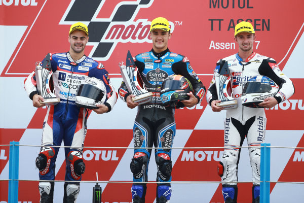 2017 Moto3 Championship - Round 8
Assen, Netherlands
Sunday 25 June 2017
Podium: second place Romano Fenati, Marinelli Rivacold Snipers, Race winner Aron Canet, Estrella Galicia 0,0, third place John McPhee, British Talent Team
World Copyright: David Goldman/LAT Images
ref: Digital Image 680126 2017 Moto3 Championship - Round 8
Assen, Netherlands
Sunday 25 June 2017
Podium: second place Romano Fenati, Marinelli Rivacold Snipers, Race winner Aron Canet, Estrella Galicia 0,0, third place John McPhee, British Talent Team
World Copyright: David Goldman/LAT Images
ref: Digital Image 680126