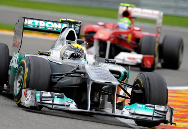 Spa-Francorchamps, Spa, Belgium
28th August 2011.
Nico Rosberg, Mercedes GP W02, 6th position, leads Felipe Massa, Ferrari F150° Italia, 8th position. Action.
World Copyright: Steve Etherington/LAT Photographic
ref: Digital Image BEL-Race-3285 Spa-Francorchamps, Spa, Belgium
28th August 2011.
Nico Rosberg, Mercedes GP W02, 6th position, leads Felipe Massa, Ferrari F150° Italia, 8th position. Action.
World Copyright: Steve Etherington/LAT Photographic
ref: Digital Image BEL-Race-3285