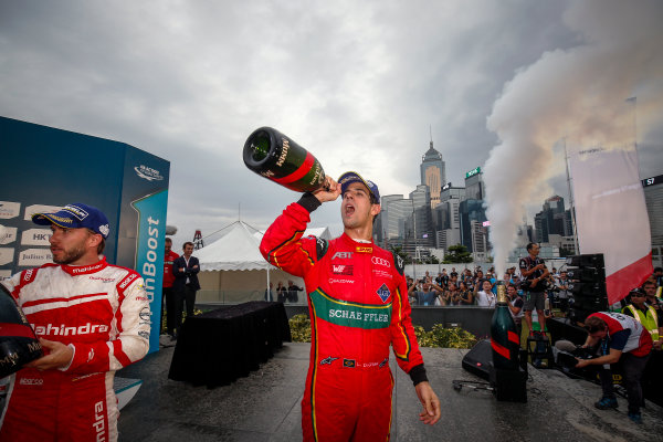 FIA Formula E Hong Kong e-Prix.
Podium.
Lucas Di Grassi (BRA), ABT Schaeffler Audi Sport, Spark-Abt Sportsline, ABT Schaeffler FE02.
Hong Kong Harbour, Hong Kong, Asia.
Sunday 9 October 2016.
Photo: Adam Warner / FE / LAT
ref: Digital Image _L5R8462
