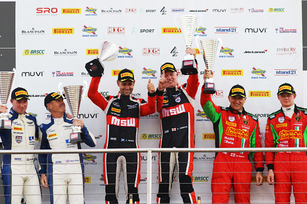 2017 British GT Championship,
Donington Park, Leicestershire. 23rd - 24th September 2017.
GT3 Podium (l-r) Mark Farmer / Jon Barnes TF Sport Aston Martin Vantage GT3, Derek Johnston / Jonny Adam TF Sport Aston Martin Vantage GT3, Jon Minshaw / Phil Keen Barwell Motorsport Lamborghini Hurracan GT3.
World Copyright: JEP/LAT Images