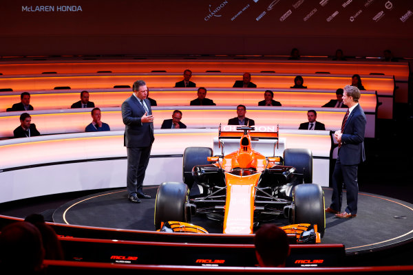 McLaren MCL32 Formula 1 Launch.
McLaren Technology Centre, Woking, UK.
Friday 24 February 2017.
Zak Brown, Executive Director of McLaren Technology Group, talks to presenter Simon Lazenby on stage at the launch of the MCL32.
World Copyright: Steven Tee/LAT Images
Ref: _O3I4947