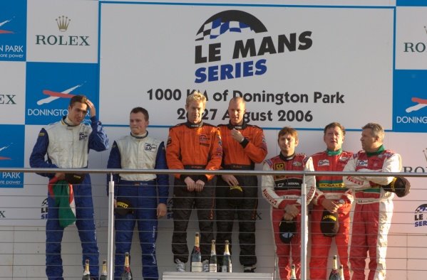 GT2 podium and results:
1st: Warren Hughes (GBR) / Robert Bell (GBR) Team LNT, centre.
2nd: Joel Camathias (SUI) / Marc Lieb (GER) Autorlando Sport, left.
3rd: Andrea Montermini (ITA) / Gabrio Rosa (ITA) / Luca Drudi (ITA) GPC Sport, right.
Le Mans Series, Rd4, Donington Park, England, 28 August 2006.
DIGITAL IMAGE