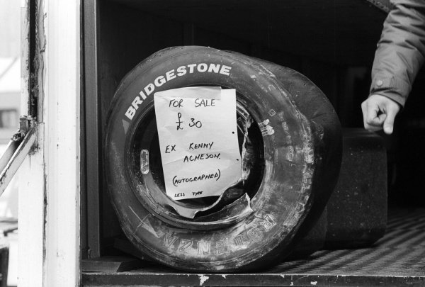 For sale: A damaged Bridgestone wheel signed by Kenny Acheson (GBR) Ralt Racing, who retired from the race on lap 37 with a blown engine.
European Championship For Formula Two Drivers, XXIV International Trophy, Rd 1, Silverstone, England, 21 March 1982.
For sale: A damaged Bridgestone wheel signed by Kenny Acheson (GBR) Ralt Racing, who retired from the race on lap 37 with a blown engine.
European Championship For Formula Two Drivers, XXIV International Trophy, Rd 1, Silverstone, England, 21 March 1982.