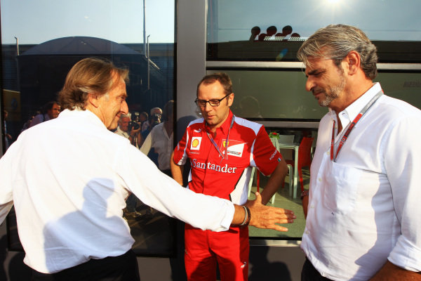 (L to R): Luca di Montezemolo (ITA) Ferrari President, Stefano Domenicali (ITA) Ferrari General Director and Maurizio Arrivabene (ITA) Marlboro Europe Brand Manager.
Formula One World Championship, Rd 13, Italian Grand Prix, Qualifying, Monza, Italy, Saturday 8 September 2012.
