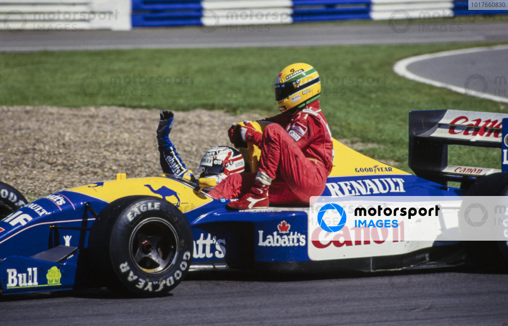 Ayrton Senna Receives A Lift Back To The Pits From Nigel Mansell Williams Fw14 Renault British Gp Motorsport Images