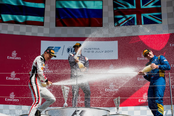 2017 FIA Formula 2 Round 5.
Red Bull Ring, Spielberg, Austria.
Sunday 9 July 2017.
Alexander Albon (THA, ART Grand Prix), Artem Markelov (RUS, RUSSIAN TIME) and Oliver Rowland (GBR, DAMS). 
Photo: Zak Mauger/FIA Formula 2.
ref: Digital Image _54I0368