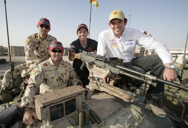 2007 Australian V8 Supercars.
Bahrain International Circuit. Sakhir, Bahrain.
2nd - 4th November.
Craig Lowndes and Jason Bright get ready to tryout the armored troop carriers during a visit to the Australian troops based at Tallil Airbase located approximately 310 kilometers Southeast of Baghdad, Iraq.
World Copyright: Mark Horsburgh/LAT Photographic.
Ref: Digital Image V8-Drivers-IRAQ-7435 2007 Australian V8 Supercars.
Bahrain International Circuit. Sakhir, Bahrain.
2nd - 4th November.
Craig Lowndes and Jason Bright get ready to tryout the armored troop carriers during a visit to the Australian troops based at Tallil Airbase located approximately 310 kilometers Southeast of Baghdad, Iraq.
World Copyright: Mark Horsburgh/LAT Photographic.
Ref: Digital Image V8-Drivers-IRAQ-7435