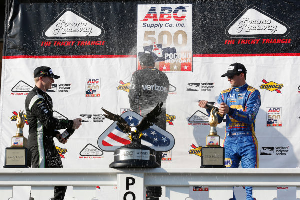 Verizon IndyCar Series
ABC Supply 500
Pocono Raceway, Long Pond, PA USA
Sunday 20 August 2017
Will Power, Team Penske Chevrolet, Josef Newgarden, Team Penske Chevrolet, Alexander Rossi, Curb Andretti Herta Autosport with Curb-Agajanian Honda celebrate with champagne on the podium
World Copyright: Phillip Abbott
LAT Images
ref: Digital Image abbott_pocono_0817_8080