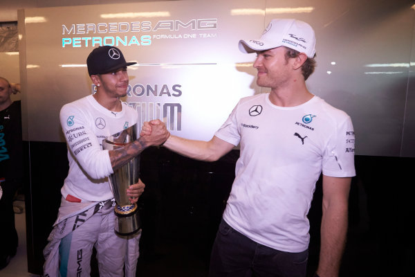 Yas Marina Circuit, Abu Dhabi, United Arab Emirates.
Sunday 23 November 2014.
Nico Rosberg, Mercedes AMG, congratulates teammate Lewis Hamilton on his championship victory.
World Copyright: Steve Etherington/LAT Photographic.
ref: Digital Image SNE13520 Yas Marina Circuit, Abu Dhabi, United Arab Emirates.
Sunday 23 November 2014.
Nico Rosberg, Mercedes AMG, congratulates teammate Lewis Hamilton on his championship victory.
World Copyright: Steve Etherington/LAT Photographic.
ref: Digital Image SNE13520