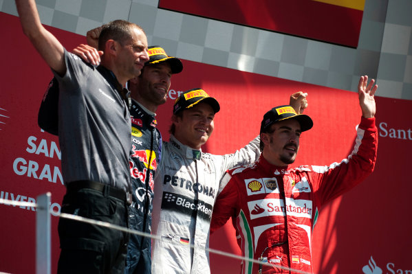 Silverstone, Northamptonshire, England
30th June 2013
Nico Rosberg, Mercedes AMG, 1st position, Mark Webber, Red Bull Racing, 2nd position, and Fernando Alonso, Ferrari, 3rd position, on the podium
World Copyright: Chris Bird/
ref: Digital Image _CJB6825 Silverstone, Northamptonshire, England
30th June 2013
Nico Rosberg, Mercedes AMG, 1st position, Mark Webber, Red Bull Racing, 2nd position, and Fernando Alonso, Ferrari, 3rd position, on the podium
World Copyright: Chris Bird/
ref: Digital Image _CJB6825