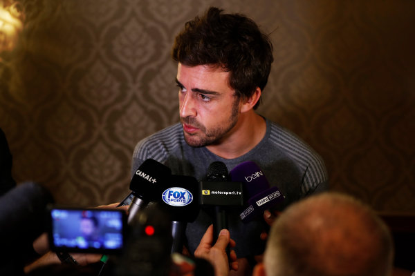 Bahrain International Circuit, Sakhir, Bahrain. 
Wednesday 12 April 2017.
Fernando Alonso talks to the media after announcing his deal to race in the 2017 Indianapolis 500 in an Andretti Autosport run McLaren Honda car.
World Copyright: Glenn Dunbar/LAT Images
ref: Digital Image _31I6973