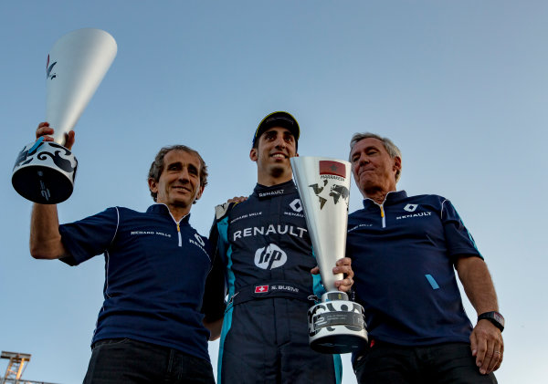 2016/2017 FIA Formula E Championship.
Marrakesh ePrix, Circuit International Automobile Moulay El Hassan, Marrakesh, Morocco.
Saturday 12 November 2016.
Alain Prost with Sebastien Buemi (SUI), Renault e.Dams, Spark-Renault, Renault Z.E 16 on the podium.
Photo: Zak Mauger/Jaguar Racing
ref: Digital Image _X0W6723 2016/2017 FIA Formula E Championship.
Marrakesh ePrix, Circuit International Automobile Moulay El Hassan, Marrakesh, Morocco.
Saturday 12 November 2016.
Alain Prost with Sebastien Buemi (SUI), Renault e.Dams, Spark-Renault, Renault Z.E 16 on the podium.
Photo: Zak Mauger/Jaguar Racing
ref: Digital Image _X0W6723