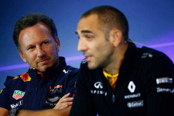 Spa Francorchamps, Belgium.
Friday 25 August 2017.
Christian Horner, Team Principal, Red Bull Racing, and Cyril Abiteboul, Managing Director, Renault Sport F1, in the Team Principals Press Conference.
World Copyright: Andy Hone/LAT Images
ref: Digital Image _ONZ9451 Spa Francorchamps, Belgium.
Friday 25 August 2017.
Christian Horner, Team Principal, Red Bull Racing, and Cyril Abiteboul, Managing Director, Renault Sport F1, in the Team Principals Press Conference.
World Copyright: Andy Hone/LAT Images
ref: Digital Image _ONZ9451