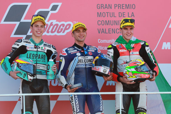 2017 Moto3 Championship - Round 18
Valencia, Spain 
Sunday 12 November 2017
Podium: second place Joan Mir, Leopard Racing, Race winner Jorge Martin, Del Conca Gresini Racing Moto3, third place Marcos Ramírez, Platinum Bay Real Estate 
World Copyright: Gold and Goose Photography/LAT Images 
ref: Digital Image 705973