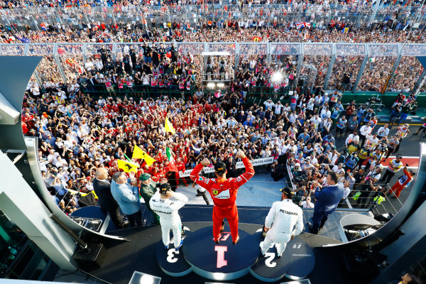 Albert Park, Melbourne, Australia.
Sunday 26 March 2017.
Sebastian Vettel, Ferrari, 1st Position, Lewis Hamilton, Mercedes AMG, 2nd Position, and Valtteri Bottas, Mercedes AMG, 3rd Position, celebrate on the podium.
World Copyright: Steven Tee/LAT Images
Ref: Digital Image _O3I3202 Albert Park, Melbourne, Australia.
Sunday 26 March 2017.
Sebastian Vettel, Ferrari, 1st Position, Lewis Hamilton, Mercedes AMG, 2nd Position, and Valtteri Bottas, Mercedes AMG, 3rd Position, celebrate on the podium.
World Copyright: Steven Tee/LAT Images
Ref: Digital Image _O3I3202