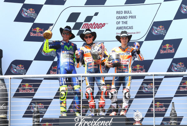 2017 MotoGP Championship - Round 3
Circuit of the Americas, Austin, Texas, USA
Sunday 23 April 2017
Podium: race winner Marc Marquez, Repsol Honda Team, second place Valentino Rossi, Yamaha Factory Racing, third place Dani Pedrosa, Repsol Honda Team
World Copyright: Gold and Goose Photography/LAT Images
ref: Digital Image MotoGP-Post-500-2837 2017 MotoGP Championship - Round 3
Circuit of the Americas, Austin, Texas, USA
Sunday 23 April 2017
Podium: race winner Marc Marquez, Repsol Honda Team, second place Valentino Rossi, Yamaha Factory Racing, third place Dani Pedrosa, Repsol Honda Team
World Copyright: Gold and Goose Photography/LAT Images
ref: Digital Image MotoGP-Post-500-2837