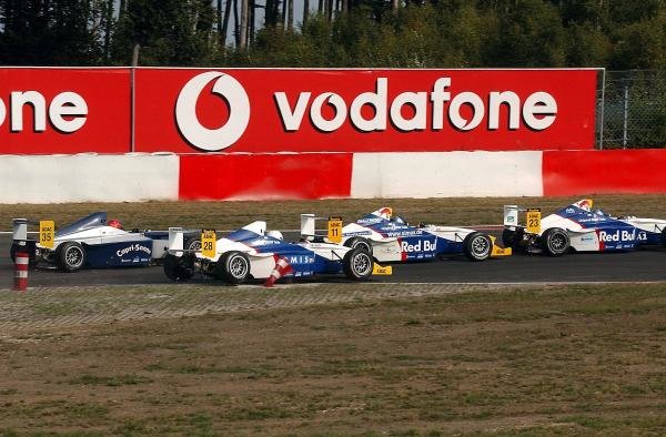 (R to L): Christopher Wassermann (AUT) Josef Kaufmann Racing, Sebastian Vettel (GER) Eifelland Racing, Davide Rigon (ITA) Team Lauderbach Motorsport and Adrian Sutil (GER) HBR Motorsport GmbH. 
Formula BMW ADAC Championship, Rd 13&14, Nurburgring, Germany. 17 August 2003. 
DIGITAL IMAGE