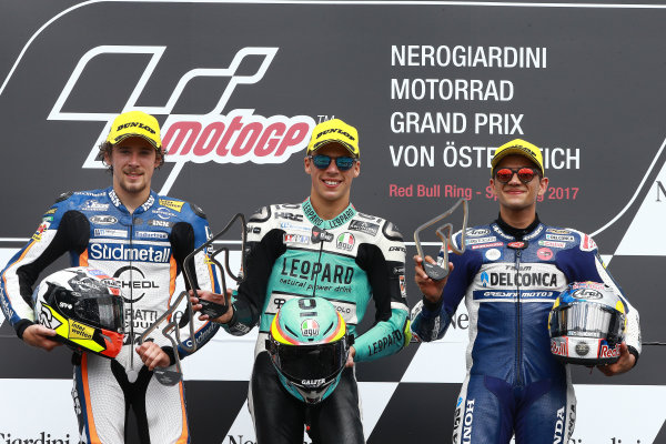 2017 Moto3 Championship - Round 11
Spielberg, Austria
Sunday 13 August 2017
Podium: second place Philipp Ottl, Schedl GP Racing, Race winner Joan Mir, Leopard Racing, third place Jorge Martin, Del Conca Gresini Racing Moto3
World Copyright: Gold and Goose / LAT Images
ref: Digital Image 686811 2017 Moto3 Championship - Round 11
Spielberg, Austria
Sunday 13 August 2017
Podium: second place Philipp Ottl, Schedl GP Racing, Race winner Joan Mir, Leopard Racing, third place Jorge Martin, Del Conca Gresini Racing Moto3
World Copyright: Gold and Goose / LAT Images
ref: Digital Image 686811